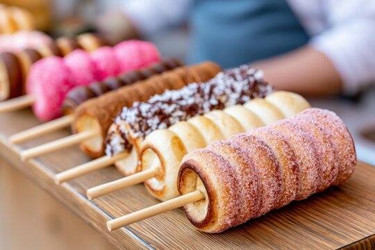 Assorted chimney cakes on wooden sticks displayed on a wooden surface, featuring various toppings and colors, with a blurred background of a vendor preparing food