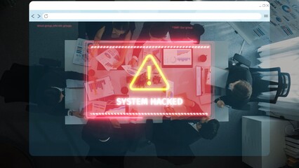 A clear visual representation of a system hack alert over a group discussing cybersecurity in a modern office. The image highlights urgency and teamwork in digital safety. Raster © InfiniteFlow