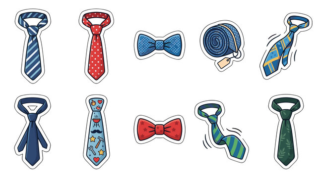 Collection of colorful neckties and bow ties in various patterns and styles