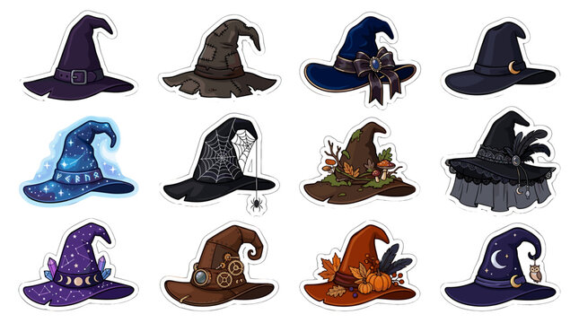 Collection of colorful witch hats with various designs and patterns for halloween or costume themes