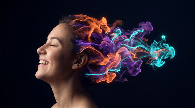 Woman with colorful smoke emanating from head. Profile view of smiling girl with CGI digital abstract energy cloud. Concept of creative thought, mental inspiration and futuristic mind