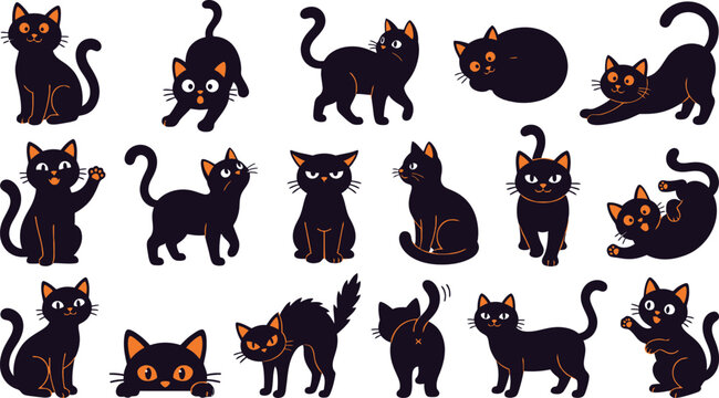 Halloween black cat collection spooky kitten character silhouette set witch familiar animal graphic element sticker illustration icon