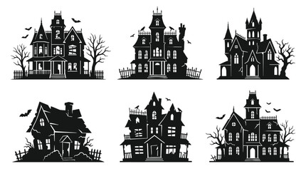Obraz premium Collection of spooky haunted houses with dark silhouettes and eerie atmosphere