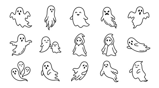 Collection of cute cartoon ghost characters with different expressions and poses