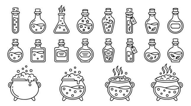 Collection of cartoon potion bottles and cauldrons with bubbling liquids for magical theme