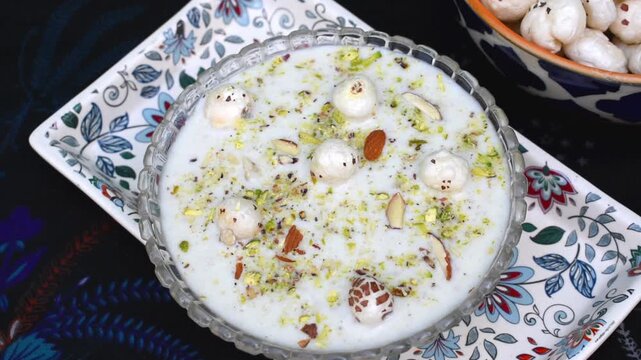 Creamy homemade makhana kheer served in an elegant glass bowl on a decorative tray, specially prepared for Navratri, Sawan vrat, Janmashtami, and other Hindu fasting festivals