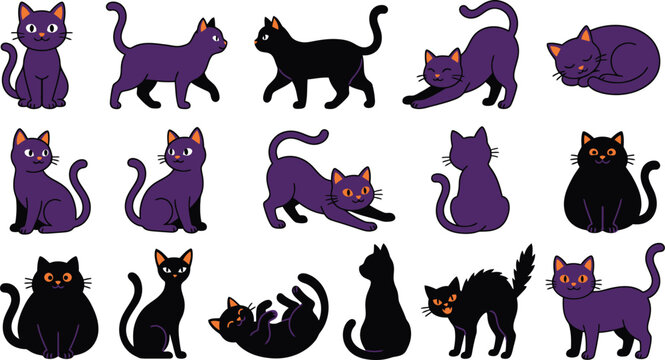 Halloween black cat collection spooky purple kitten character silhouette set witch familiar animal graphic element sticker