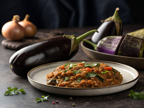 Baingan Bharta with roasted eggplant texture, premium food campaign, elegant styling