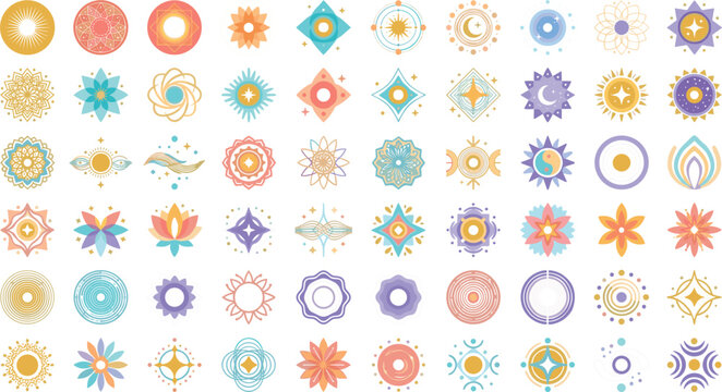 Set of colorful geometric circular shapes and mandala style design elements for modern graphic projects