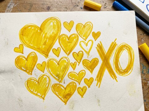 Hand drawn yellow heart illustrations and xo letters on paper with valentines