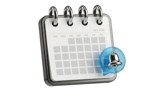 Spiral bound desk calendar with blank monthly grid and blue notification bell icon rendered as a 3D .png on transparent background