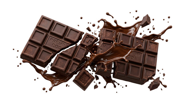 Broken dark chocolate bar pieces with rich liquid chocolate splash flying around them isolated as PNG on transparent background