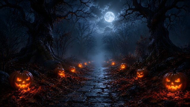 Dark haunted woodland path with glowing jack o lanterns under full moon jack o lantern halloween woodland celebration landscape atmospheric moonlight nighttime branches traditional darkness