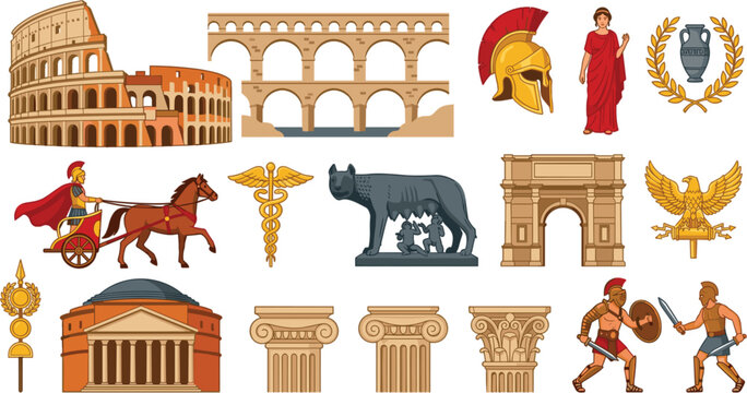 Ancient Rome historical elements set including Colosseum aqueduct gladiator chariot columns capitoline wolf and empire symbols vector