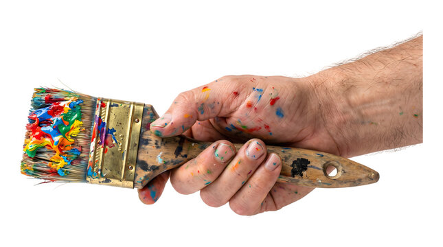 Paint splattered artist hand gripping a wooden paintbrush loaded with colorful bristles isolated as PNG on transparent background