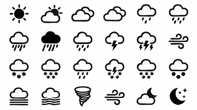 Weather icons set: sun, clouds, rain, snow, storm, wind, fog, moon forecast symbols