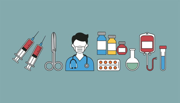 A medical professional surrounded by essential healthcare items like syringes, scissors, medicine, bottles, and a blood bag.
