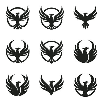 A set of modern emblem-style silhouettes featuring a coiled body mascot logo with bold black illustrations on a white background.