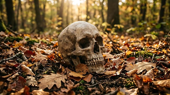 Human skull in forest leaf litter.