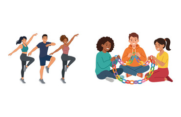 Obraz premium Diverse Groups of People Engaging in Fitness Exercises and Collaborative Creative Activities