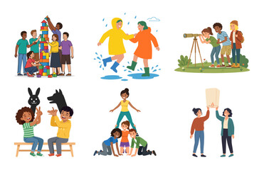 Fototapeta premium Diverse Group of Children Engaged in Creative Play and Collaborative Outdoor Learning Activities