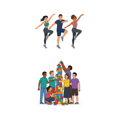 Fototapeta premium Diverse Group of People Engaging in Fitness Activities and Collaborative Building Projects