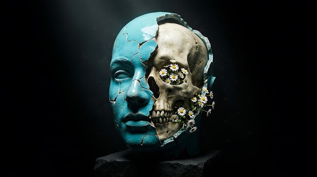 Split face of man and skull.
