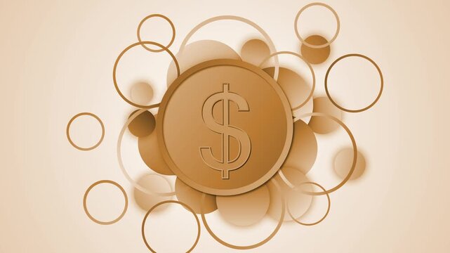 Abstract background with a dollar sign coin in the center, surrounded by bright circles and rings animation