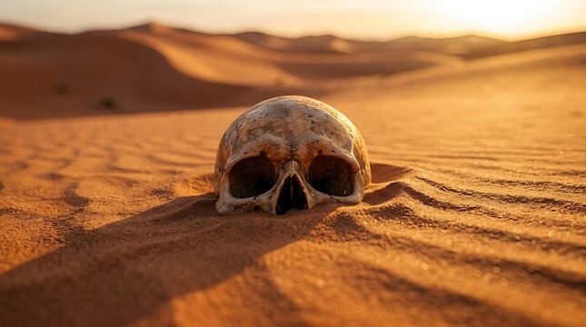 Desert sand skull at sunset.