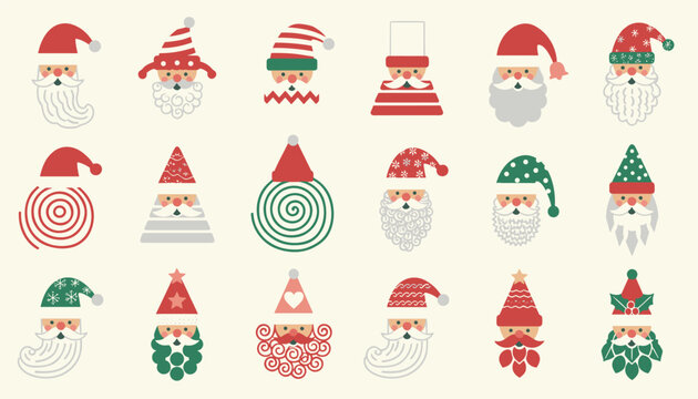 Collection of creative Santa Claus heads with different hat designs and beard styles for Christmas and winter holiday decorations.