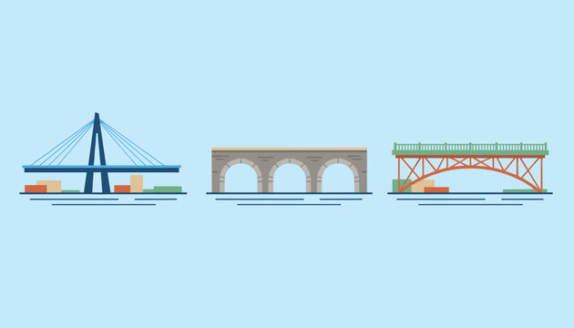 Diverse collection of bridges including a cable-stayed bridge, stone arch bridge, and a modern truss bridge over water for infrastructure.