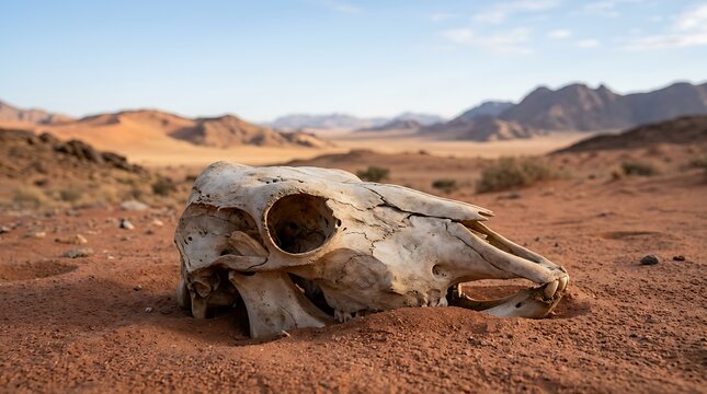 Desert landscape with animal skull remains.