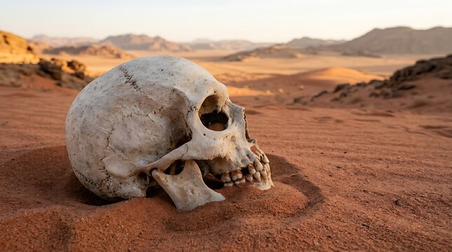 Human skull on desert sand landscape.