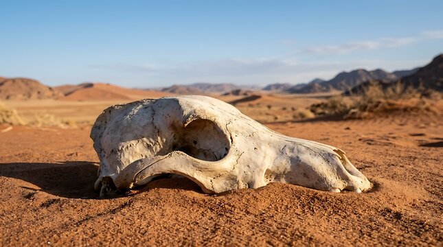 Animal skull in desert landscape scene.