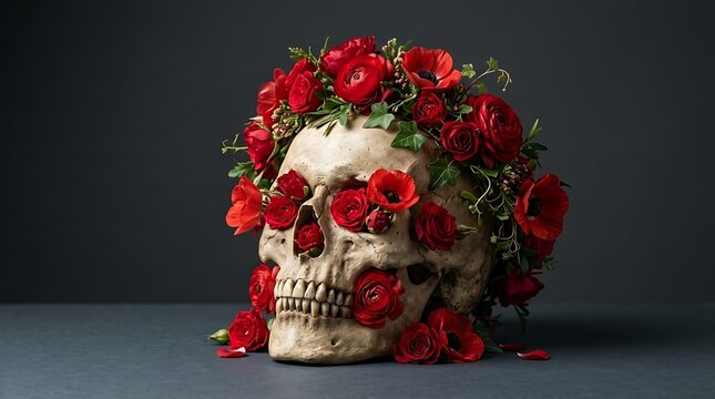 Human Skull Decorated with Red Roses.