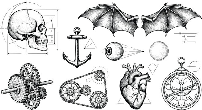 Vintage engraving vector set featuring human skull bat wings mechanical gears anatomical heart anchor eyeball and astrolabe diagrams