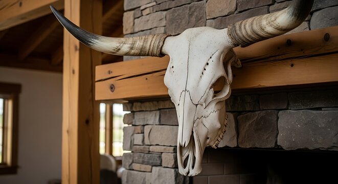 Bull skull mounted on wooden beam.
