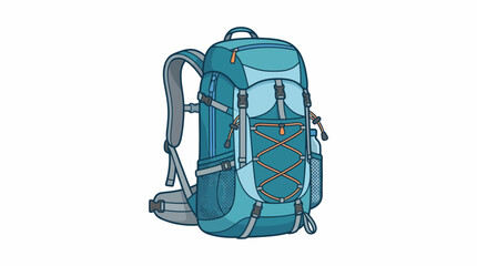 A blue backpack with gray straps and orange accents sits upright on a white background. © Senolim