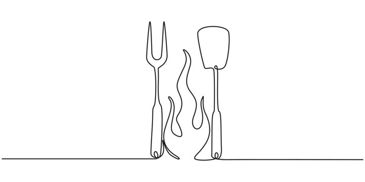 Continuous one line drawing of a bbq fork and spatula. Barbeque fork, spatula and fire isolated on a white background. Restaurant menu concept. transparent background, Set of continuous one line BBQ.