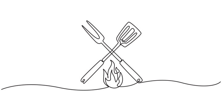 Continuous one line drawing of a bbq fork and spatula. Barbeque fork, spatula and fire isolated on a white background. Restaurant menu concept. transparent background, Set of continuous one line BBQ.