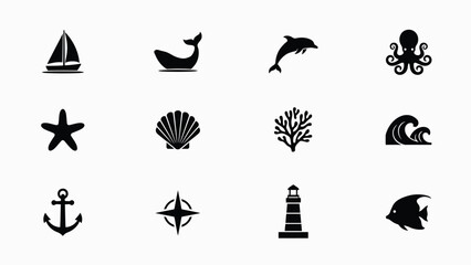 Elegant nautical themed icons showcase a sailboat dolphin octopus starfish seashell coral waves anchor compass lighthouse and fish for marine branding © SabitaRani