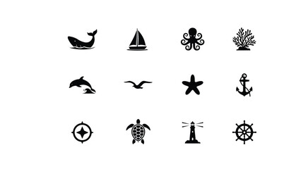 Minimalist black and white nautical themed icons showcase marine life sailing and coastal symbols for travel branding © SabitaRani