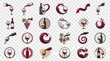 Fototapeta premium Collection of wine icons and symbols poured into glasses and bottles with grapes for branding