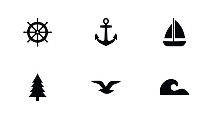 Obraz premium Minimalist nautical icons showcase a ship wheel anchor sailboat pine tree seagull and wave for maritime heritage branding