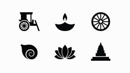 Minimalist black and white icons depicting cultural symbols including cart flame wheel conch shell lotus © SabitaRani