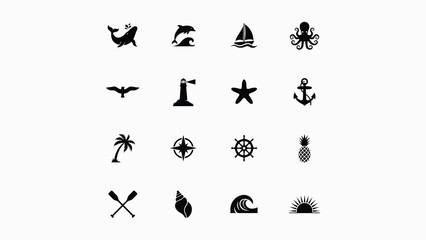 Minimalist nautical themed icon set showcasing diverse maritime symbols for travel branding © SabitaRani