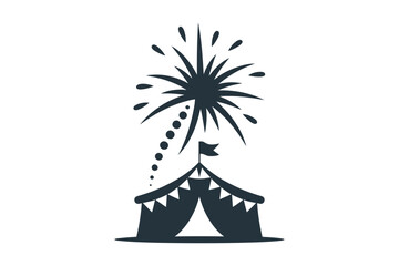 Fototapeta premium Black silhouette vector icon of a carnival festival circus tent with bunting flags and a small flag on top under a giant bursting firework sparkler explosion on a clean white background