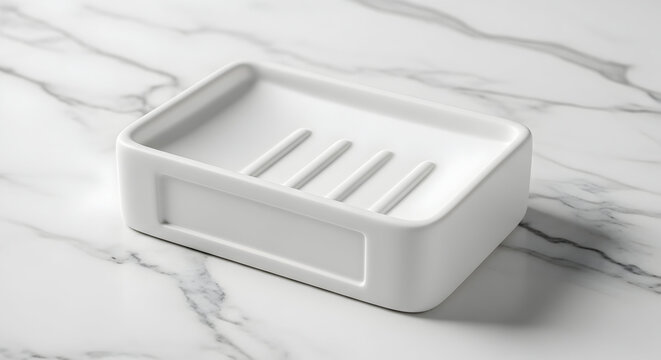 White soap dish on marble surface, empty and clean