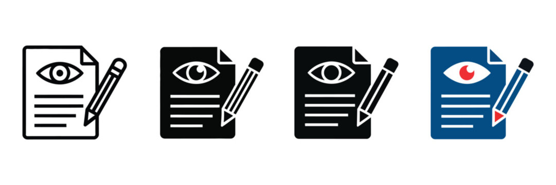 Document editing icons featuring eye symbols, pencils, file management, document review, creative design, and clean minimalist vector graphics for digital interfaces.