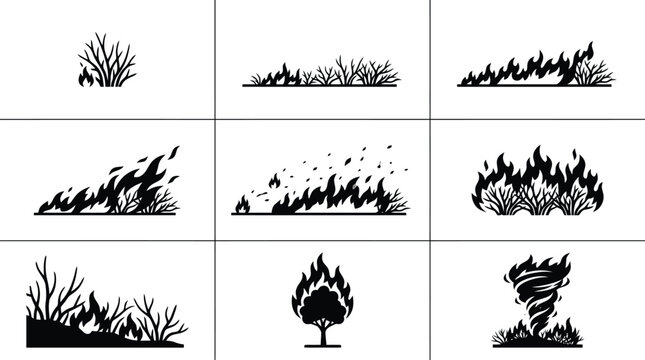 Wildfire and Forest Fire Silhouette Icon Set for Environmental Awareness, Disaster Prevention & Emergency Management (EPS)